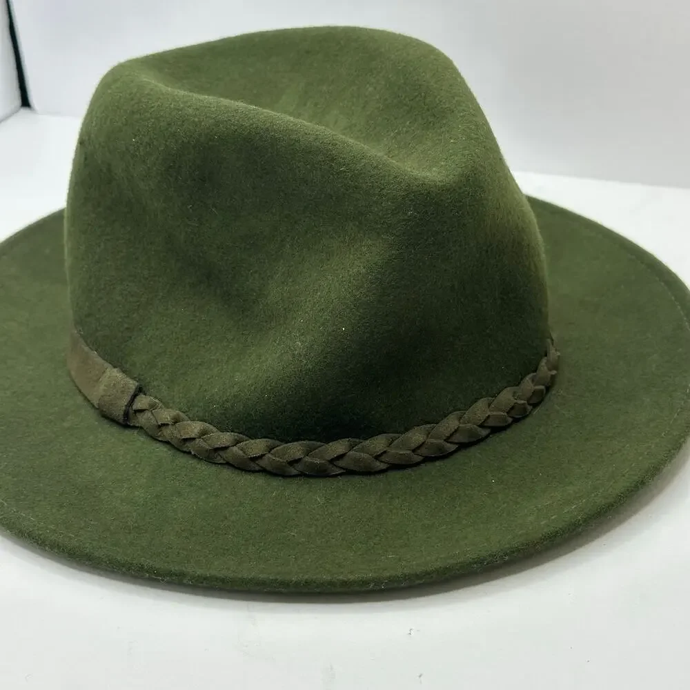 Olive Green Wool Wide Brim Fedora Hat Braided Suede Band One Size